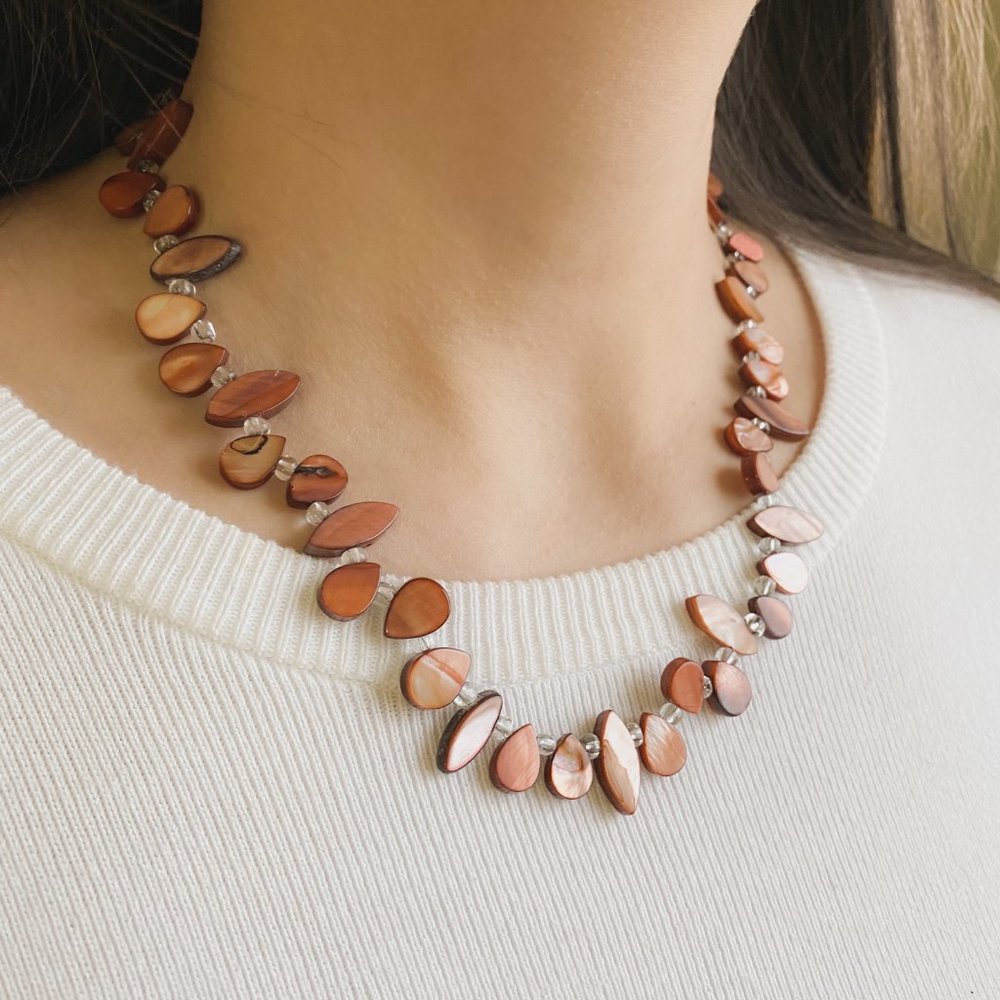 Handmade Burnt Orange Dyed Mother of Pearl Shell Teardrop Beaded Collar Necklace